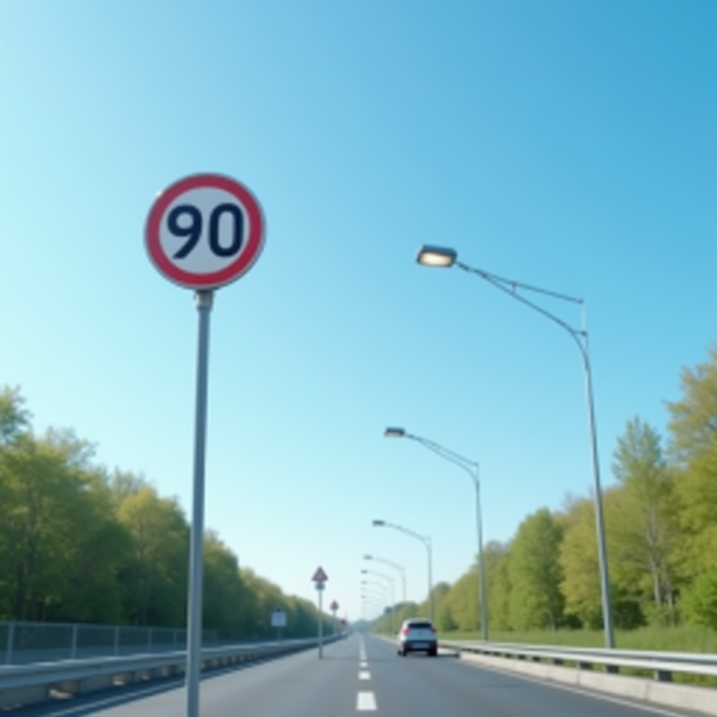 Radar automatique de contrôle de vitesse installé sur une route française avec panneau de limitation de vitesse 90 km/h, ciel bleu dégagé, perspective routière moderne
