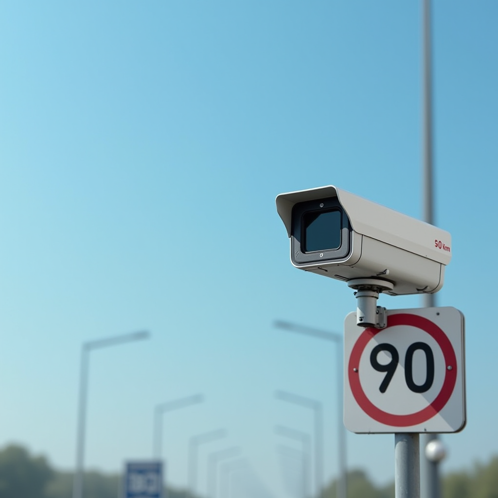 Radar automatique fixe installé sur le bord d'une route française avec panneau de limitation de vitesse 90 km/h, ciel bleu en arrière-plan