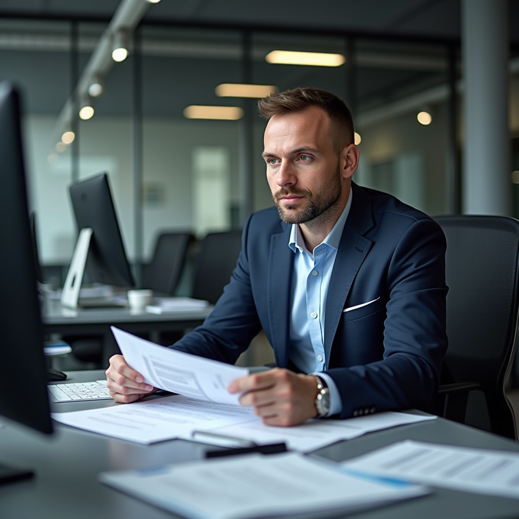 Gestionnaire de flotte automobile en entreprise examinant des documents de contraventions routières sur un bureau moderne avec ordinateur et papiers officiels