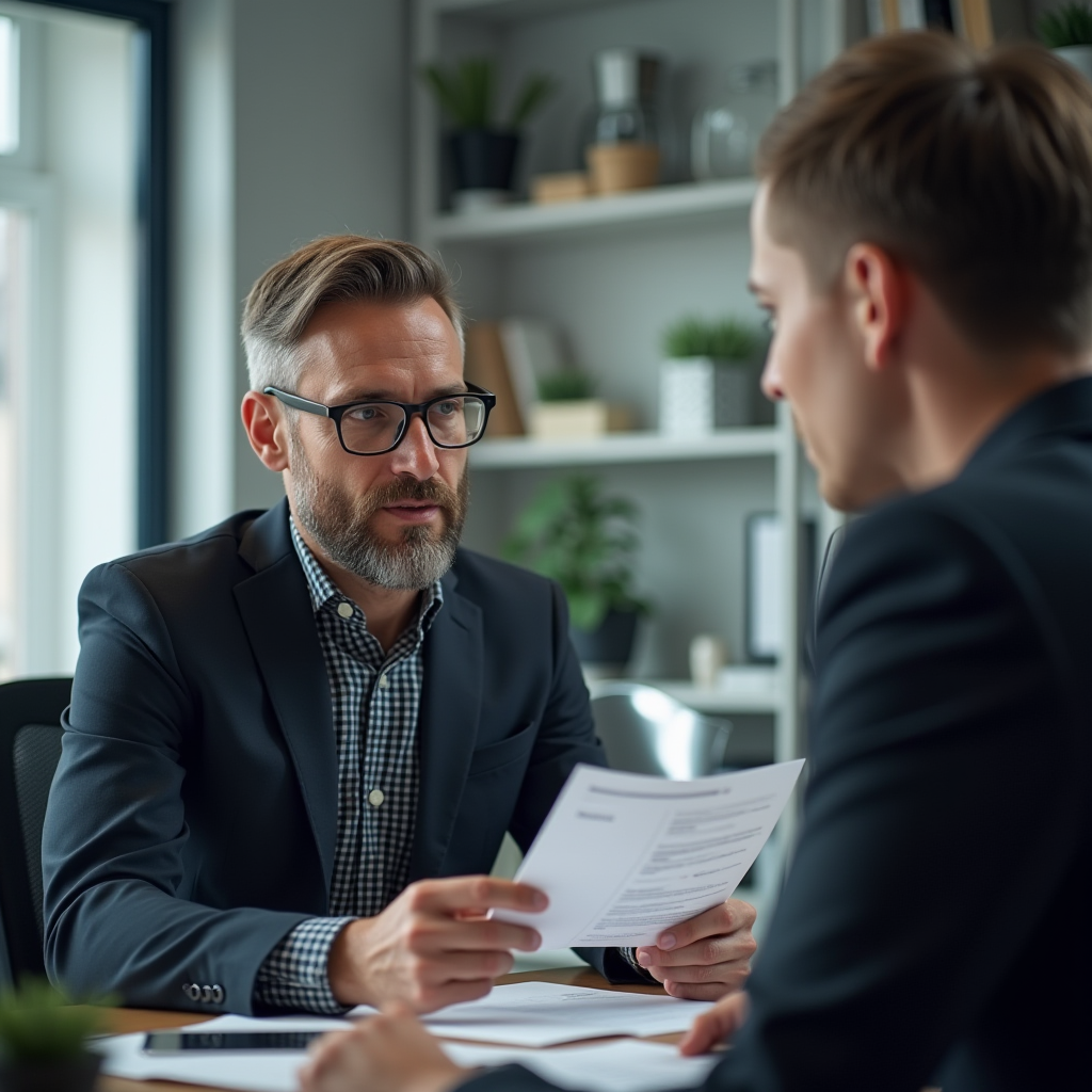Consultation juridique professionnelle avec un spécialiste JURIDPARLANT expliquant des documents d'amendes routières à un client dans un bureau moderne
