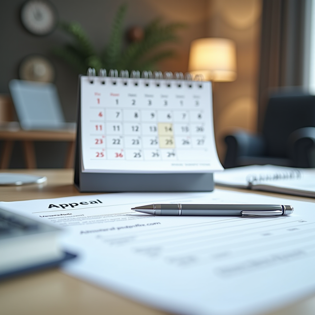 Bureau avec calendrier montrant les délais légaux, documents administratifs, formulaire de contestation et stylo, représentant l'organisation nécessaire pour contester une amende