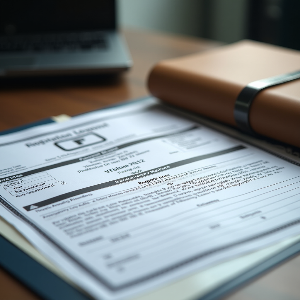 Document légal montrant un certificat d'immatriculation de véhicule et un avis de contravention routière sur un bureau professionnel