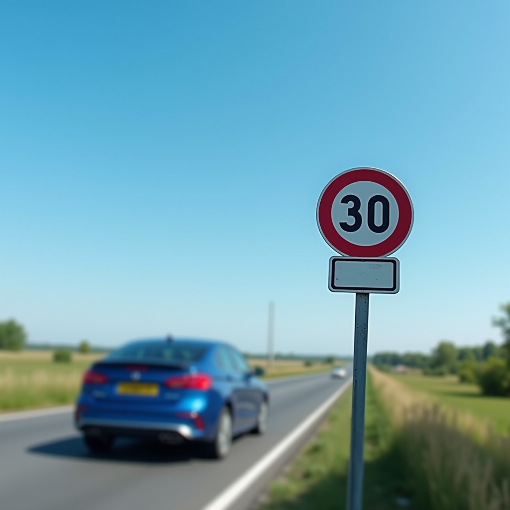 Radar automatique de contrôle de vitesse sur route française avec panneau de limitation, voiture en mouvement floue en arrière-plan, ciel bleu, perspective dynamique, photographie professionnelle