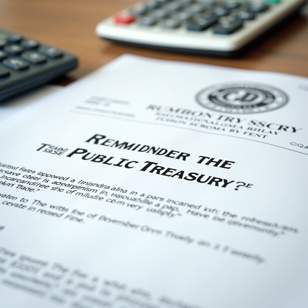 Lettre de relance du Trésor Public avec cachet officiel et documents administratifs concernant une amende majorée non payée, sur fond de bureau avec calculatrice