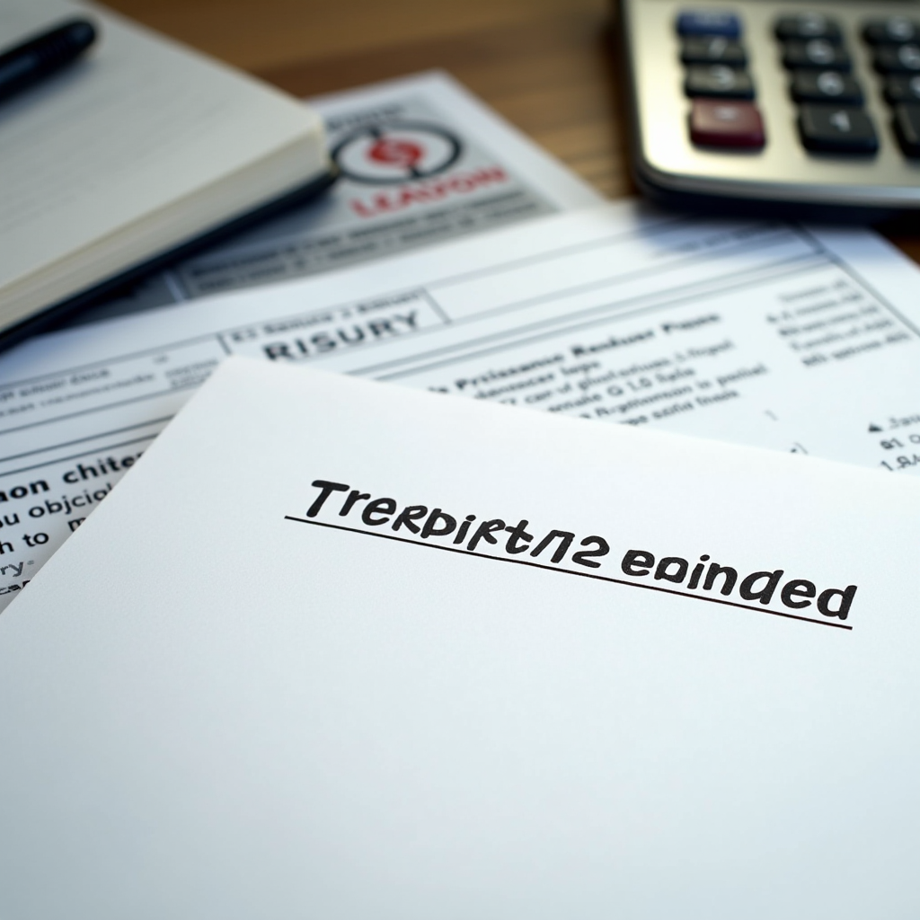 Lettre de relance du Trésor Public avec tampon officiel, calculatrice et documents administratifs sur bureau, éclairage professionnel, composition soignée, image haute résolution