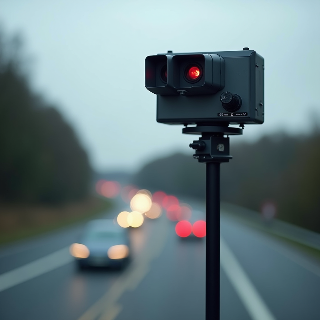 Système de radar automatique moderne installé sur route nationale française avec équipement de mesure de vitesse et flash infrarouge, vue technique détaillée