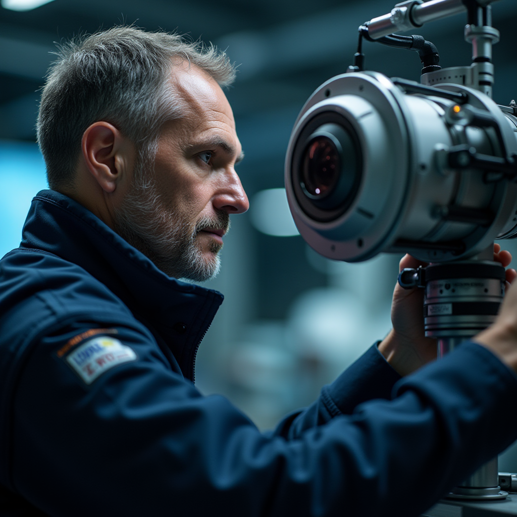 Technicien en tenue professionnelle effectuant la vérification et la calibration d'un radar automatique avec équipement de mesure spécialisé