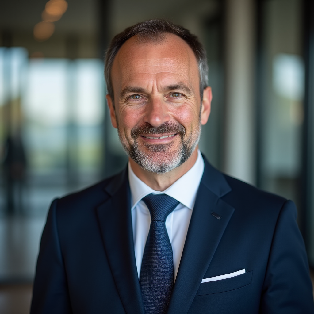 Portrait professionnel de Pierre Bernard, conseiller juridique senior de JURIDPARLANT, dans un environnement de bureau moderne