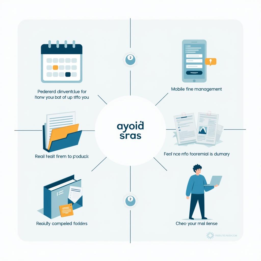 Infographie présentant les bonnes pratiques pour éviter les problèmes d'amendes : un calendrier avec rappels de paiement, une application mobile de gestion d'amendes, un dossier bien organisé avec tous les documents importants, et une personne vérifiant régulièrement son courrier