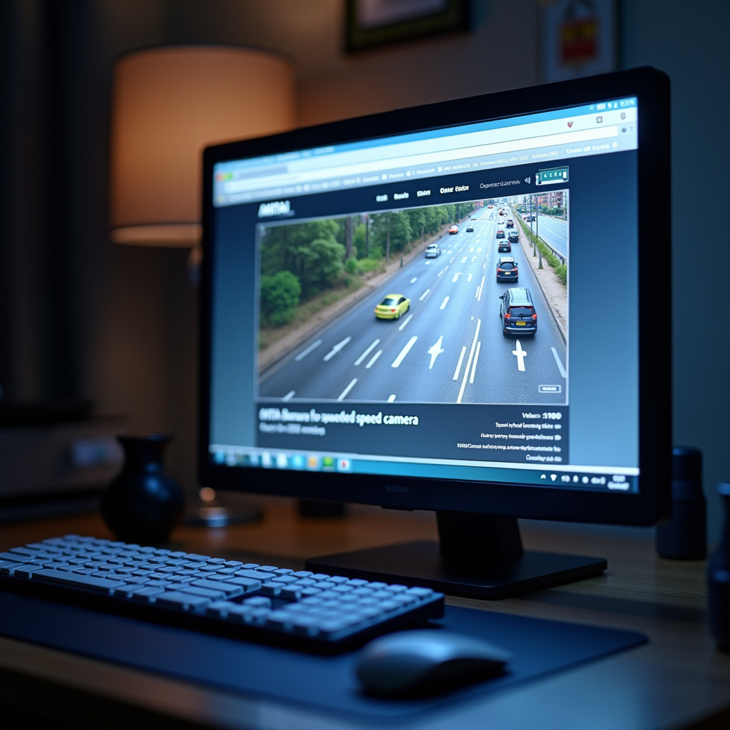 Écran d'ordinateur affichant l'interface du site ANTAI pour la consultation d'une photo de radar avec détails de l'infraction, clavier et souris visibles